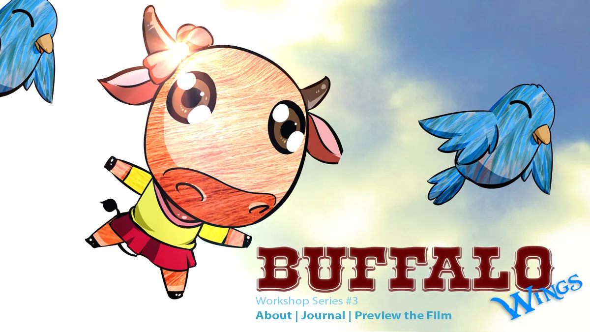 Illustrated buffalo character flying with two blue birds