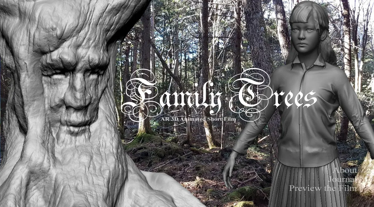 A sculpted tree face and a character in a dense forest