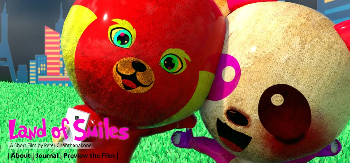 Two colorful animated bear characters in a stylized city park