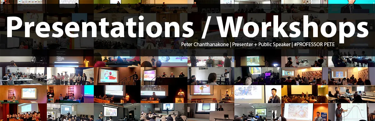 A collage of Peter Chanthanakone presenting animation workshops